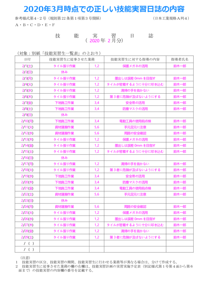 年3月時点の技能実習日誌の正しい書き方 協同組合に確認済み